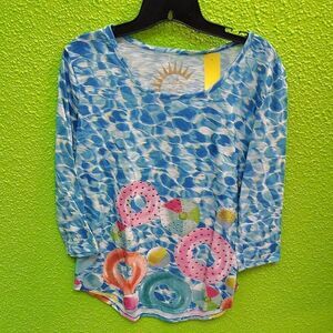 Pink and Blue Graphic Blouse with Long Sleeves